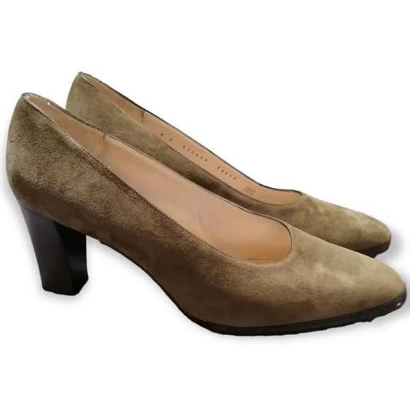 Bruno Magli Suede Italian Vero Cuoio Olive Green Wooden Block Heel Pumps Size 9 - Picture 3 of 16